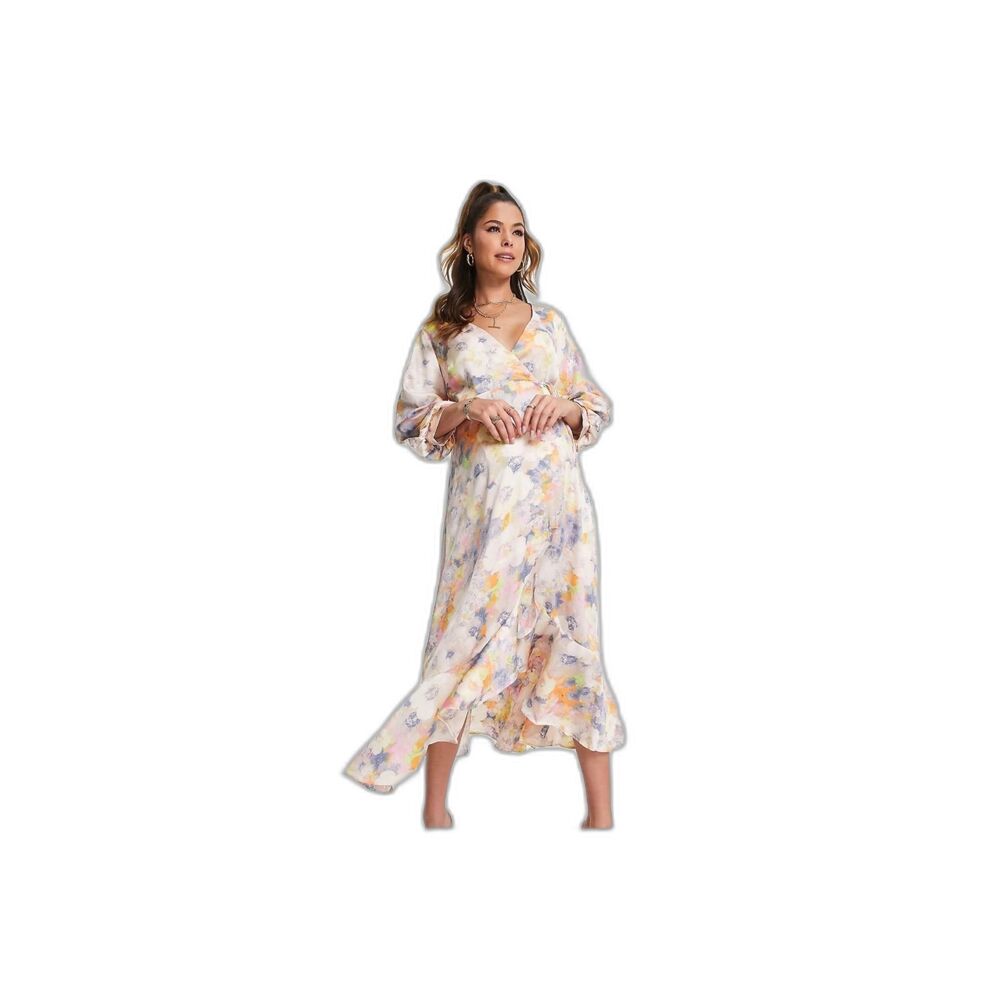 Liquorish Maternity Satin Wrap Midi Dress Puff Sleeve Pastel Floral NWT Size 2